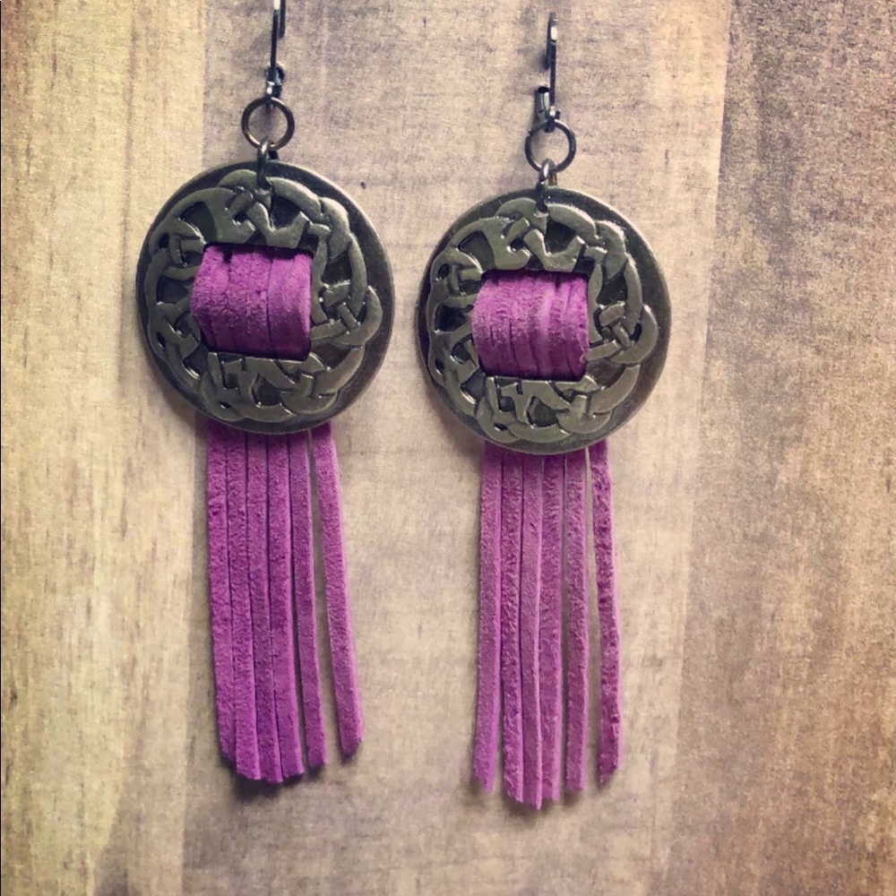 Genuine leather, purple fringe, custom made earrings